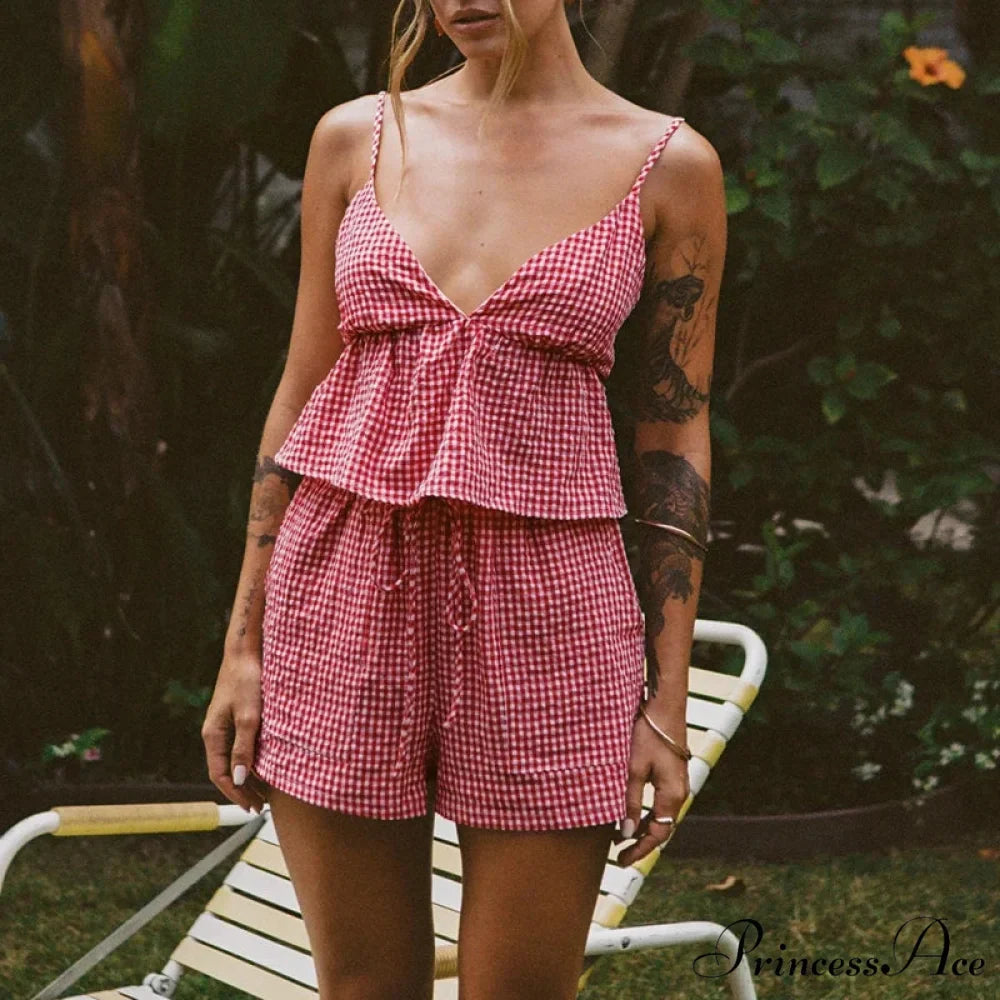 Checkered Deep Neck Open-Back Lace-Up Camis Elastic Waist Shorts Two Pieces Set