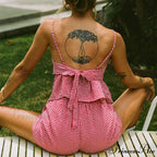 Checkered Deep Neck Open-Back Lace-Up Camis Elastic Waist Shorts Two Pieces Set