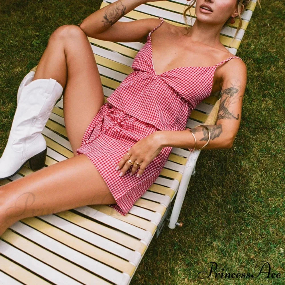 Checkered Deep Neck Open-Back Lace-Up Camis Elastic Waist Shorts Two Pieces Set