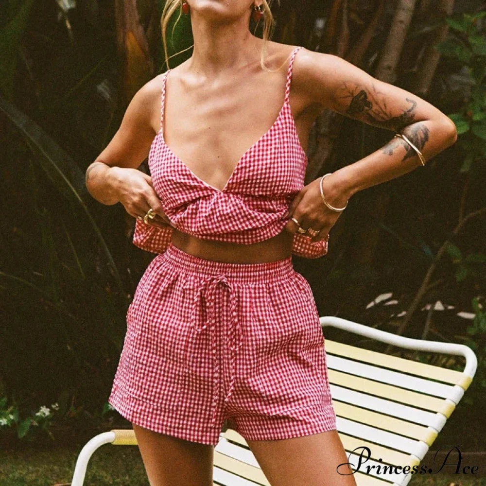 Checkered Deep Neck Open-Back Lace-Up Camis Elastic Waist Shorts Two Pieces Set