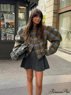 Checkered Dual Buttoned Trim Wool Coat