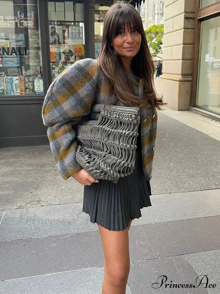 Checkered Dual Buttoned Trim Wool Coat