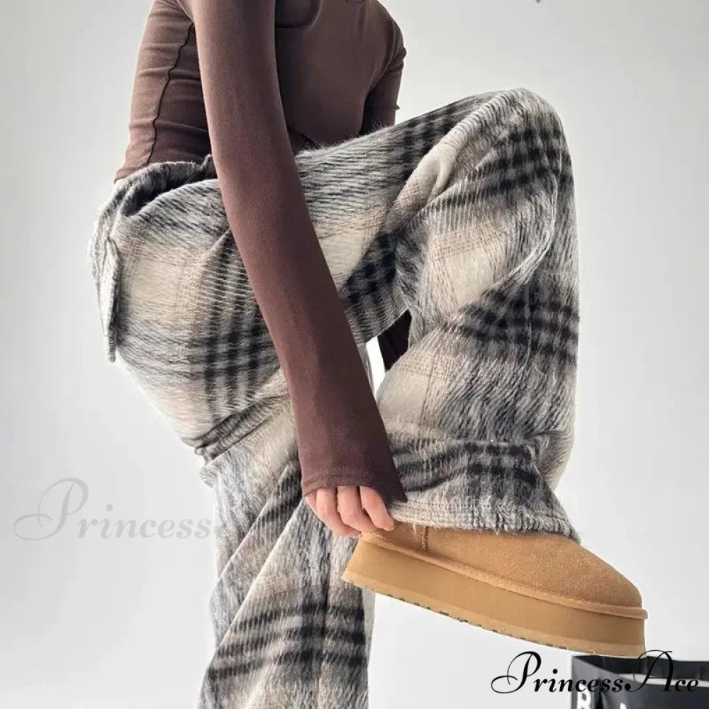 Checkered Fleece High Waist Informal Trousers