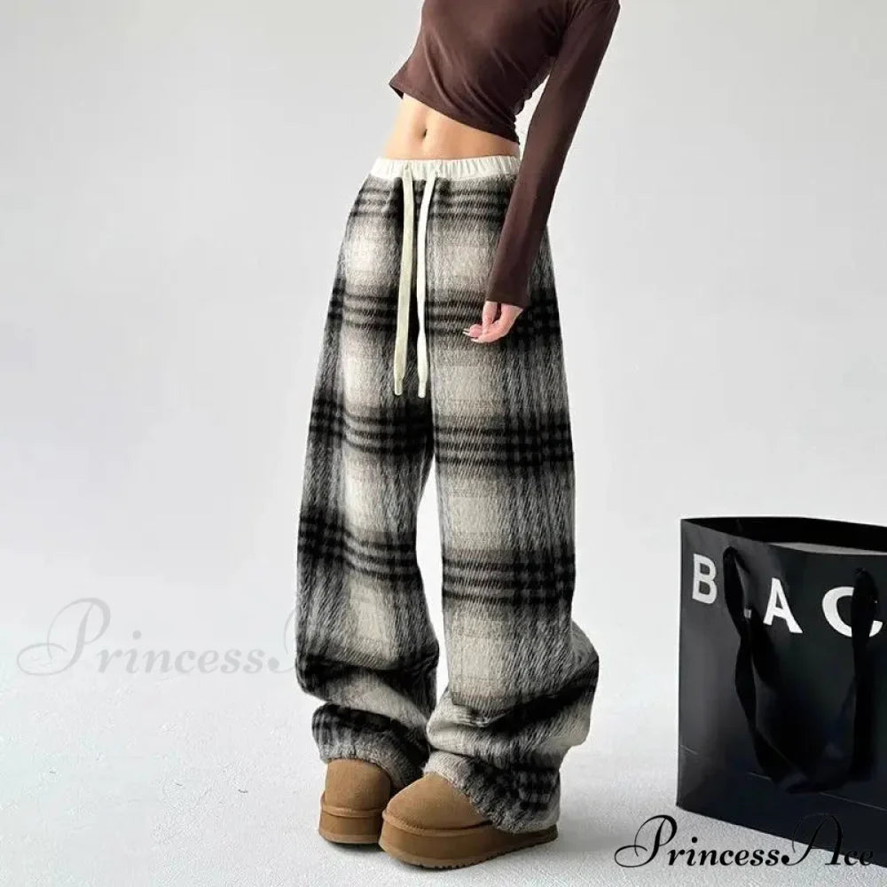 Checkered Fleece High Waist Informal Trousers