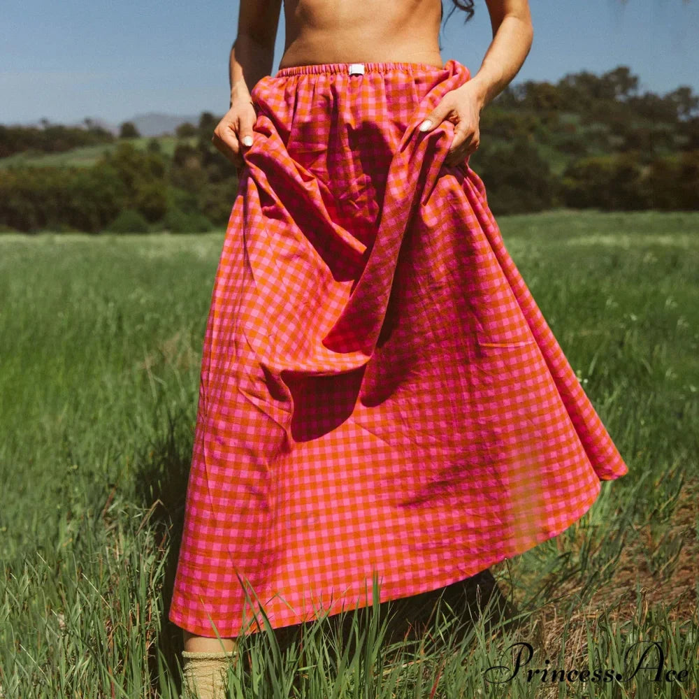 Checkered Frill Plaid Midi Skirt