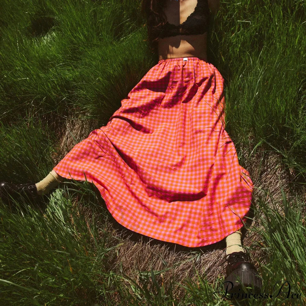 Checkered Frill Plaid Midi Skirt