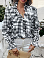 Checkered Frilled Plunging Neckline Top
