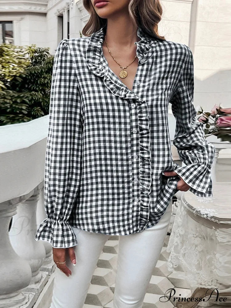 Checkered Frilled Plunging Neckline Top