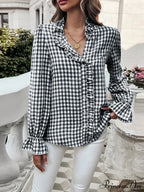 Checkered Frilled Plunging Neckline Top