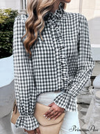 Checkered Frilled Plunging Neckline Top