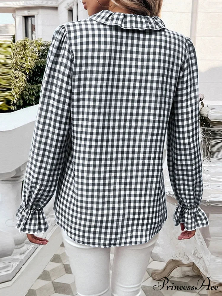 Checkered Frilled Plunging Neckline Top