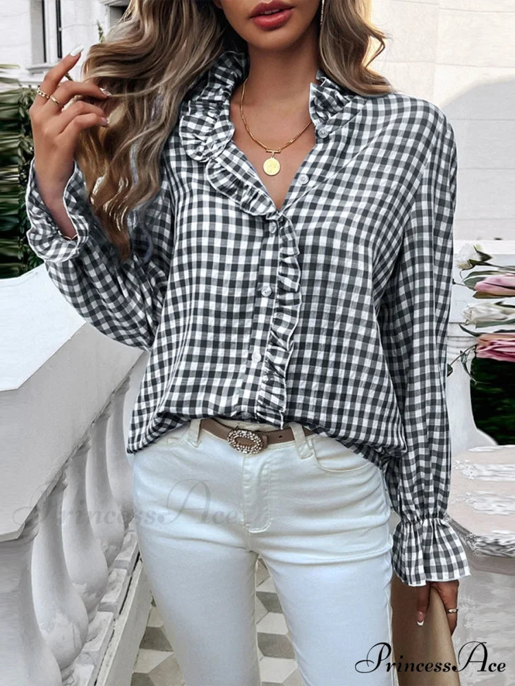 Checkered Frilled Plunging Neckline Top