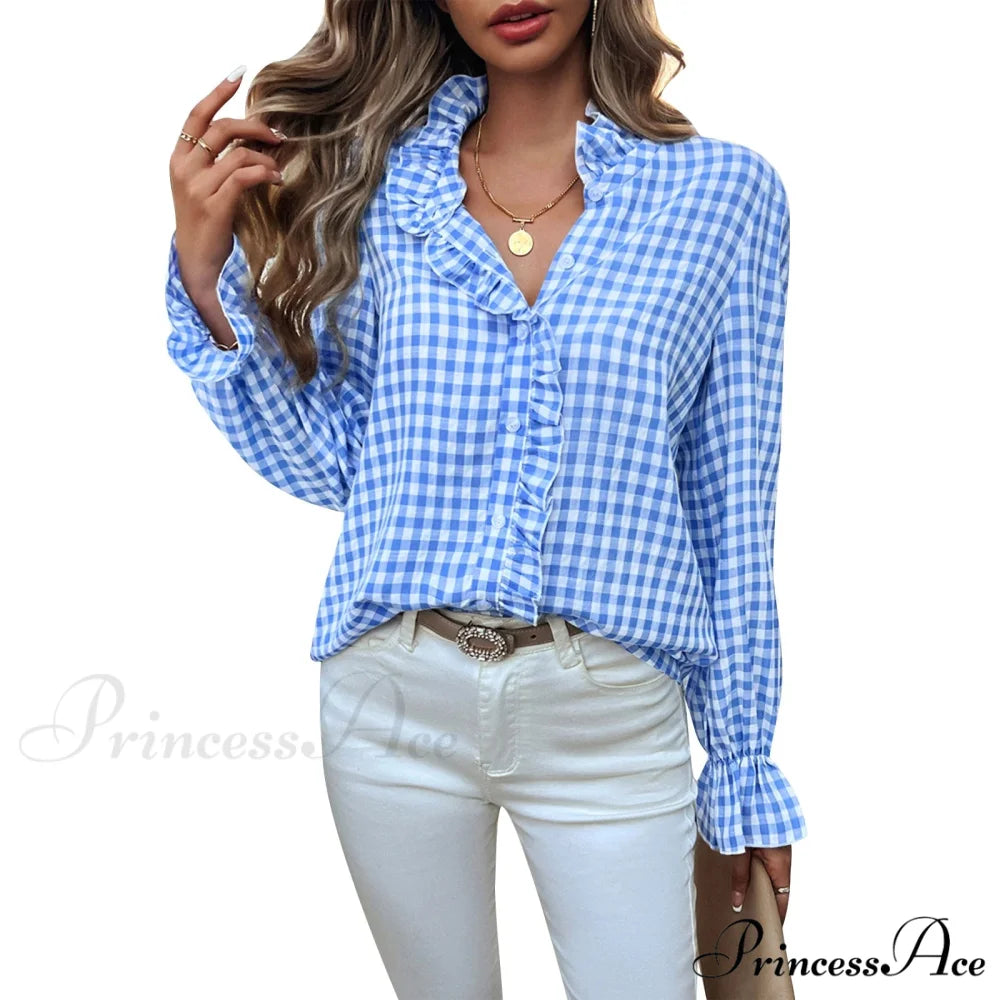 Checkered Frilled Plunging Neckline Top