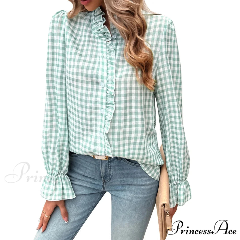 Checkered Frilled Plunging Neckline Top