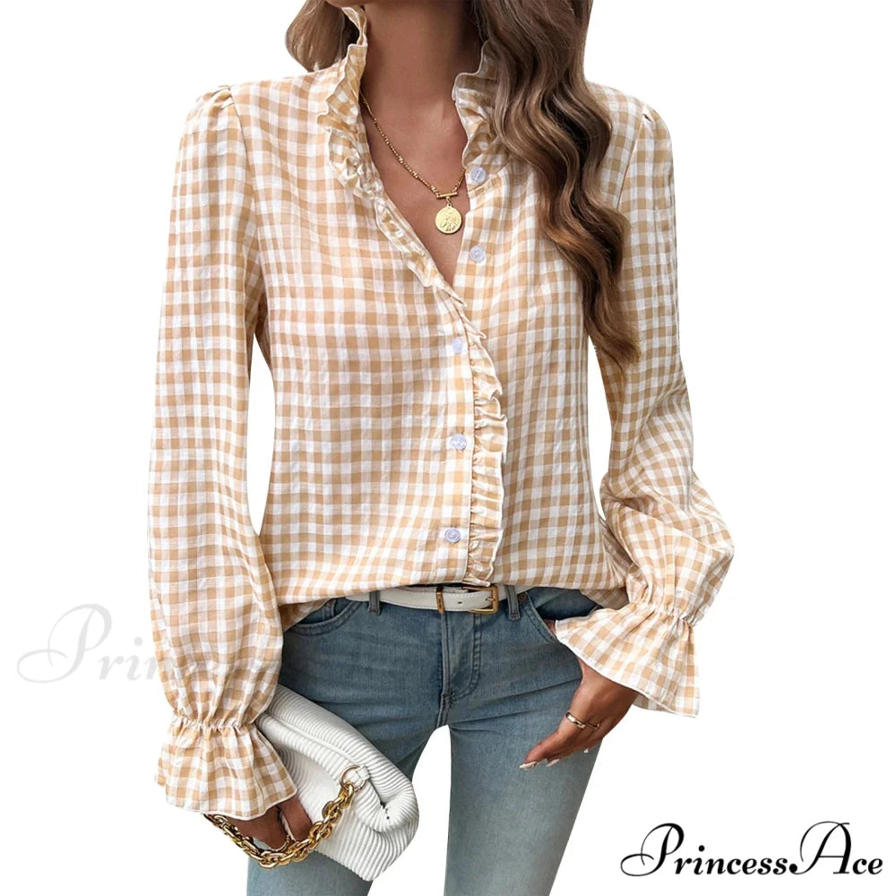 Checkered Frilled Plunging Neckline Top