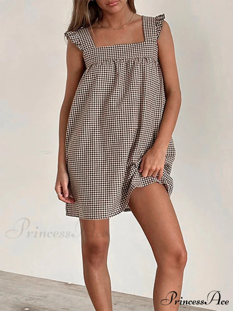 Checkered Frilled Square Neck Short Dress