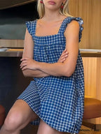 Checkered Frilled Square Neck Short Dress