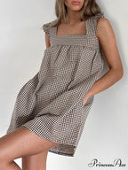 Checkered Frilled Square Neck Short Dress