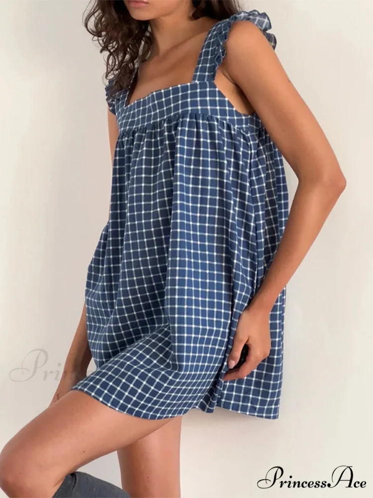 Checkered Frilled Square Neck Short Dress