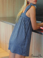 Checkered Frilled Square Neck Short Dress