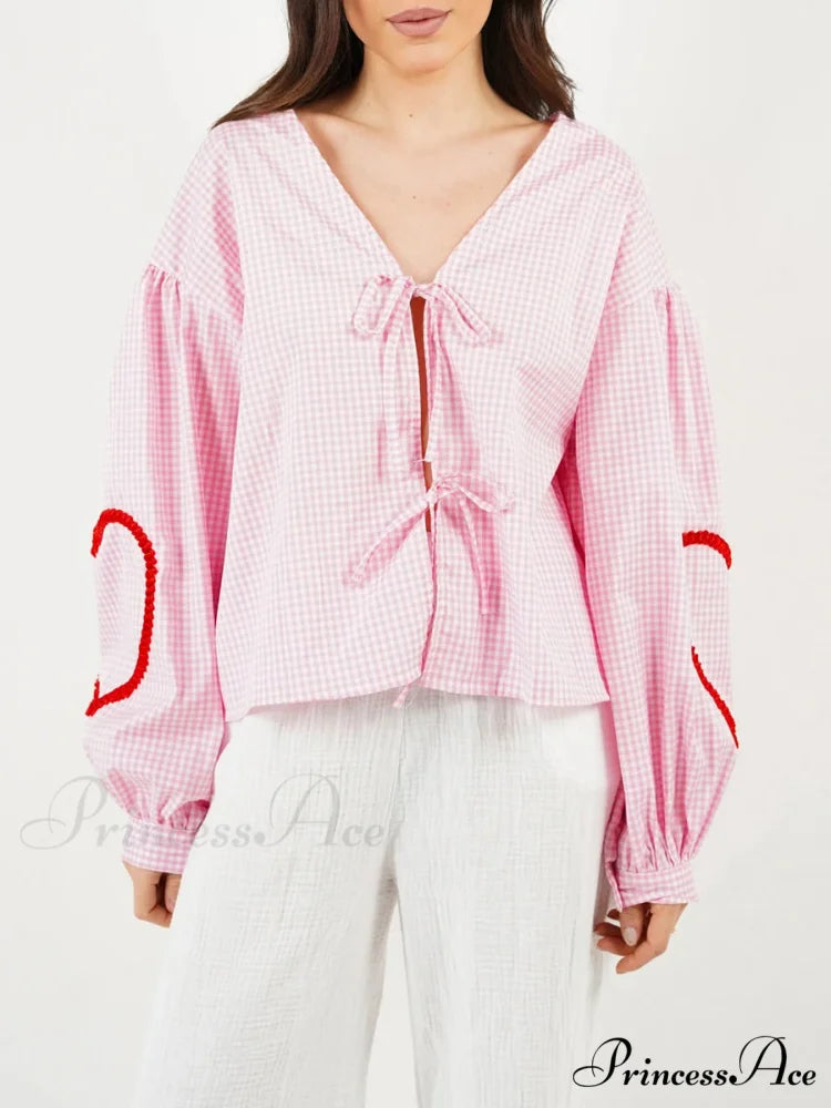 Checkered Heart Trim Fasten Blouse