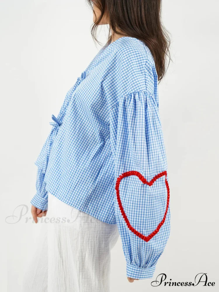 Checkered Heart Trim Fasten Blouse