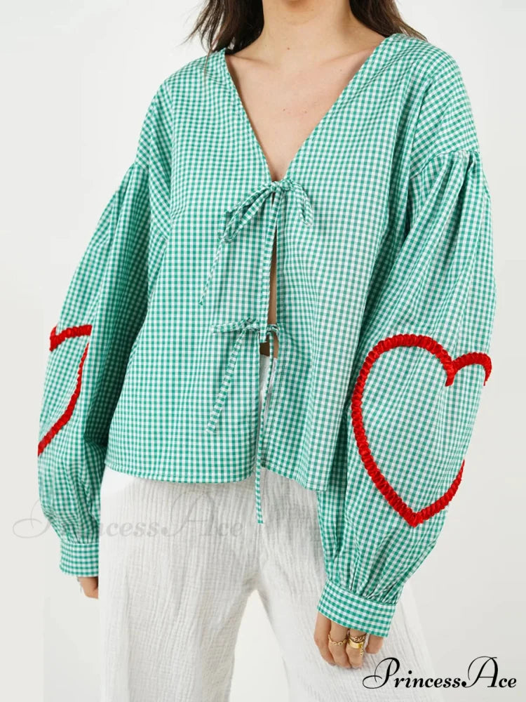 Checkered Heart Trim Fasten Blouse