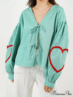 Checkered Heart Trim Fasten Blouse