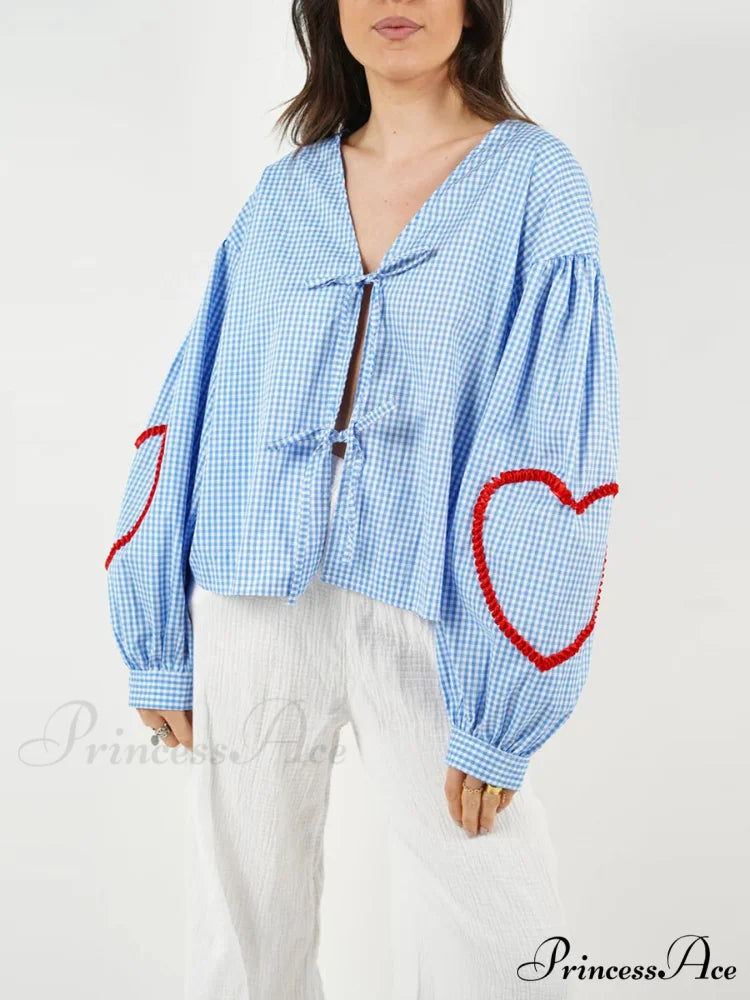 Checkered Heart Trim Fasten Blouse
