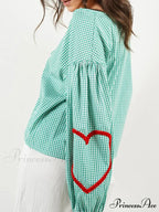 Checkered Heart Trim Fasten Blouse