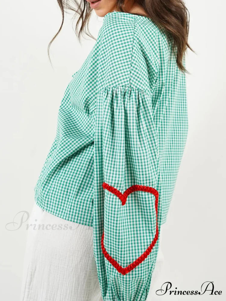 Checkered Heart Trim Fasten Blouse