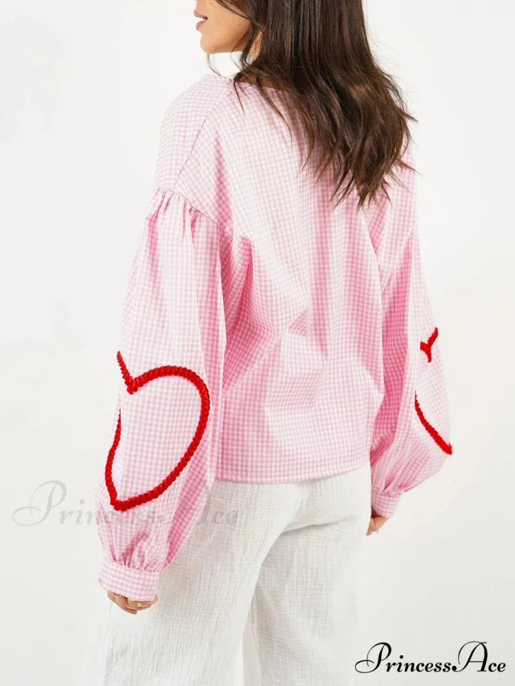 Checkered Heart Trim Fasten Blouse