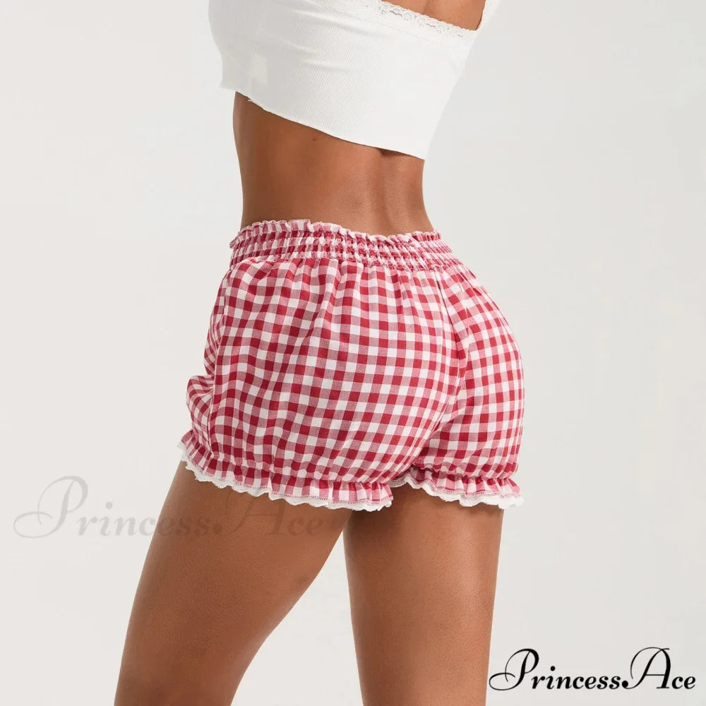 Checkered Lace Trim Flexible Waist Short