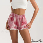 Checkered Lace Trim Flexible Waist Short