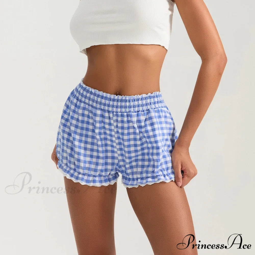 Checkered Lace Trim Flexible Waist Short