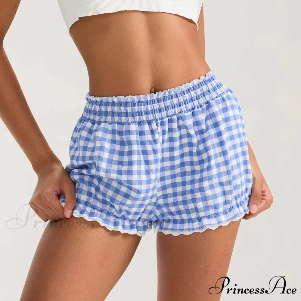Checkered Lace Trim Flexible Waist Short