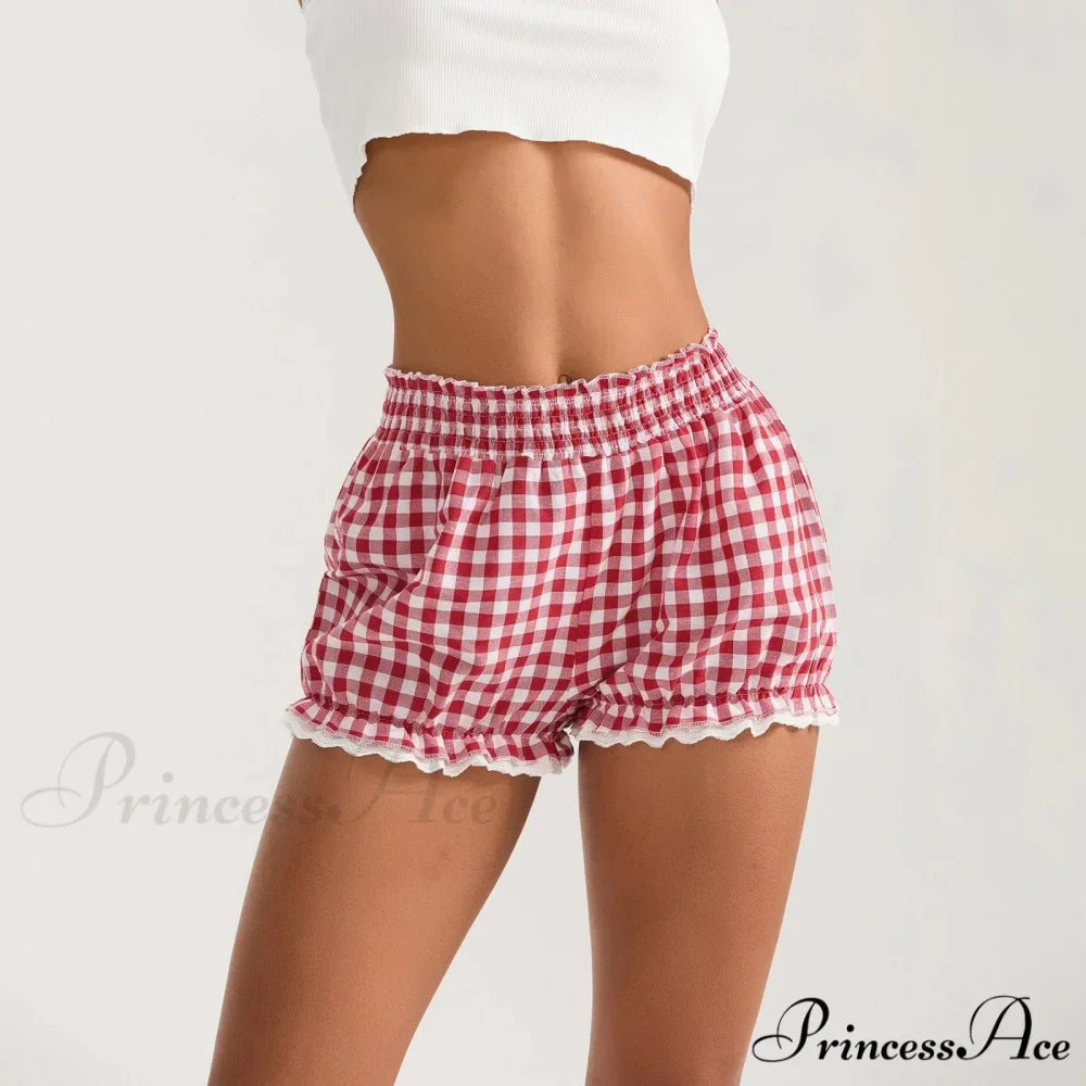 Checkered Lace Trim Flexible Waist Short