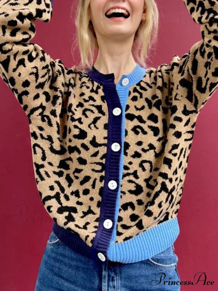 Checkered Lantern Sleeve Knit Cardigan