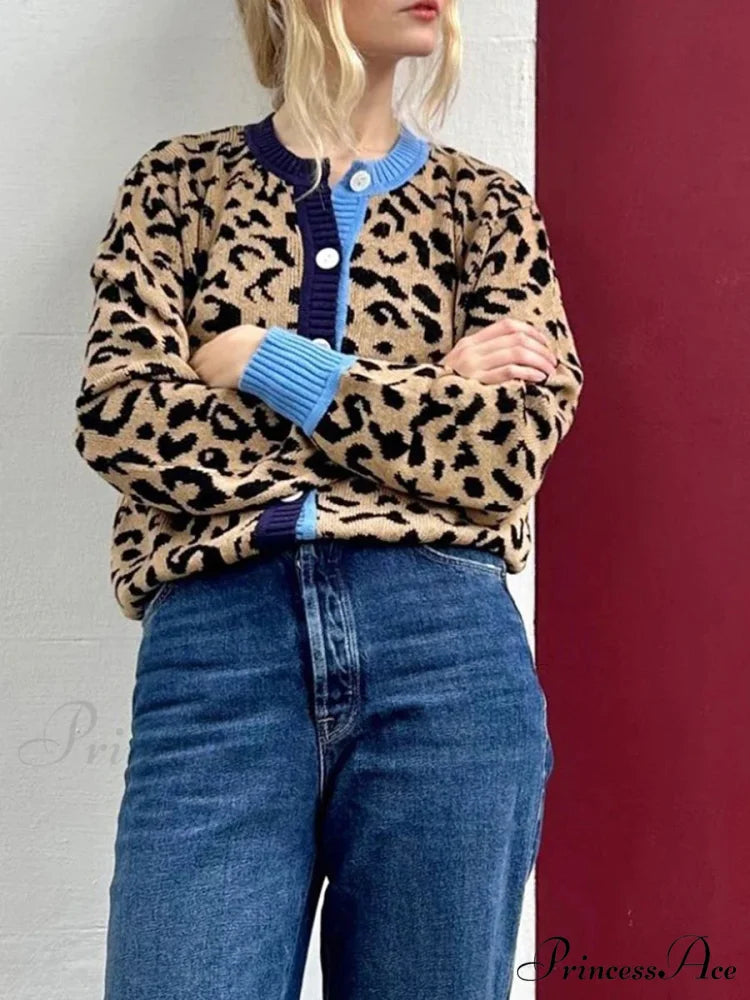 Checkered Lantern Sleeve Knit Cardigan