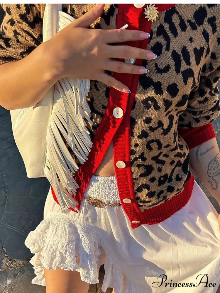 Checkered Lantern Sleeve Knit Cardigan