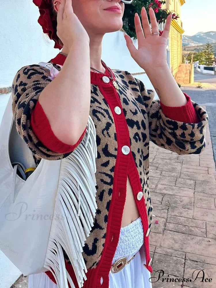 Checkered Lantern Sleeve Knit Cardigan