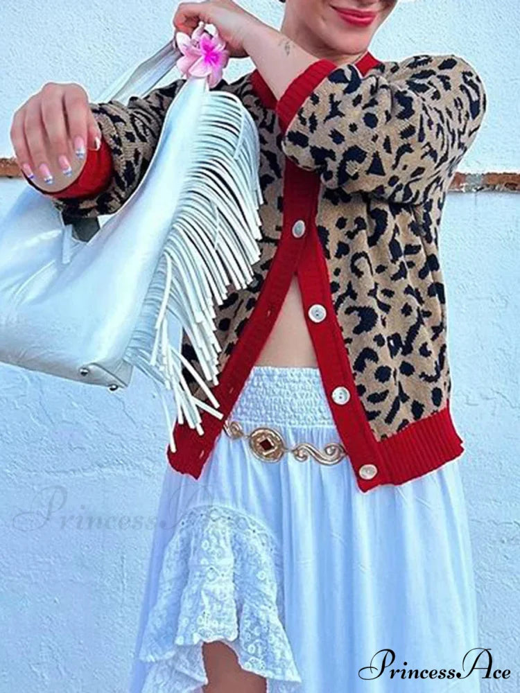 Checkered Lantern Sleeve Knit Cardigan