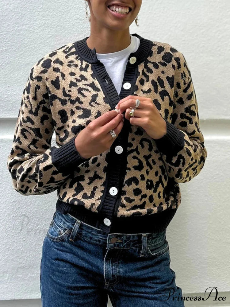 Checkered Lantern Sleeve Knit Cardigan