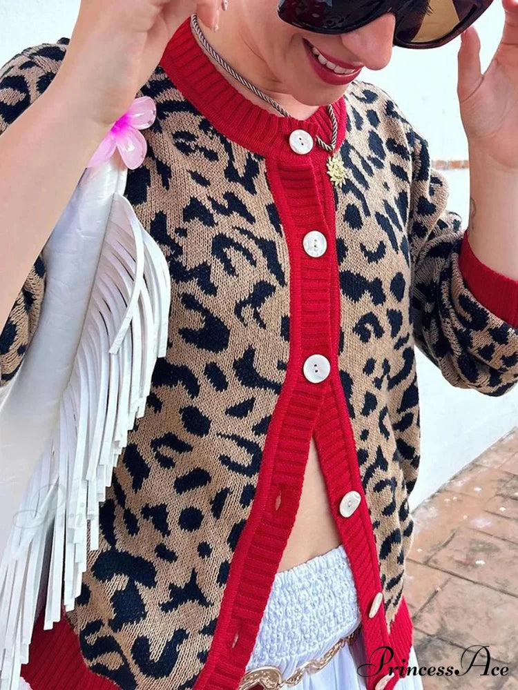 Checkered Lantern Sleeve Knit Cardigan