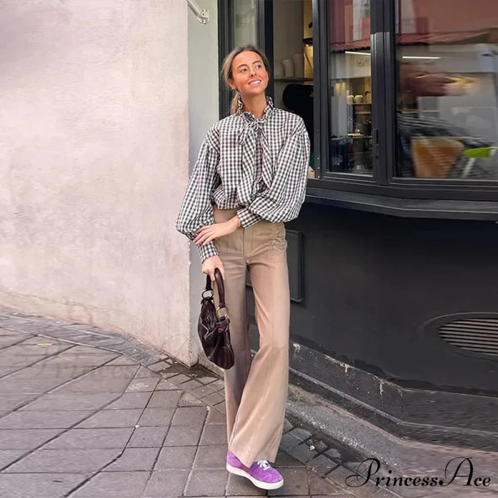 Checkered Long Sleeve Lace Up Single Breasted Top