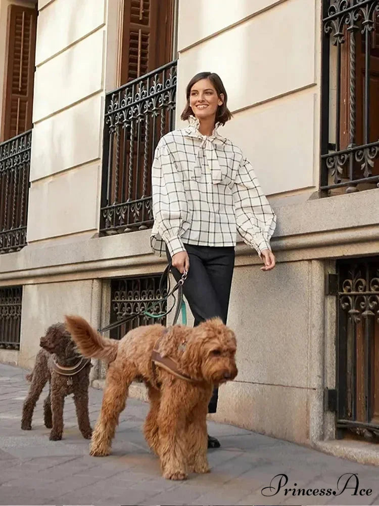 Checkered Long Sleeve Lace Up Single Breasted Top