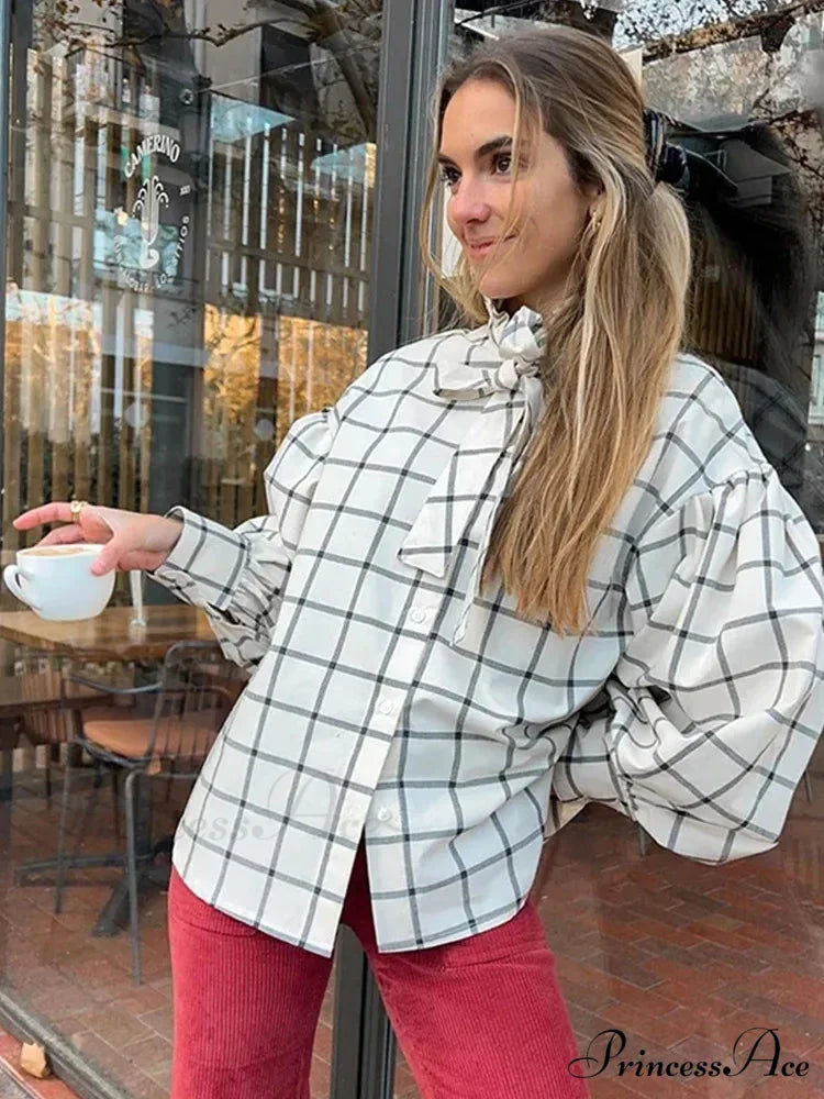 Checkered Long Sleeve Lace Up Single Breasted Top