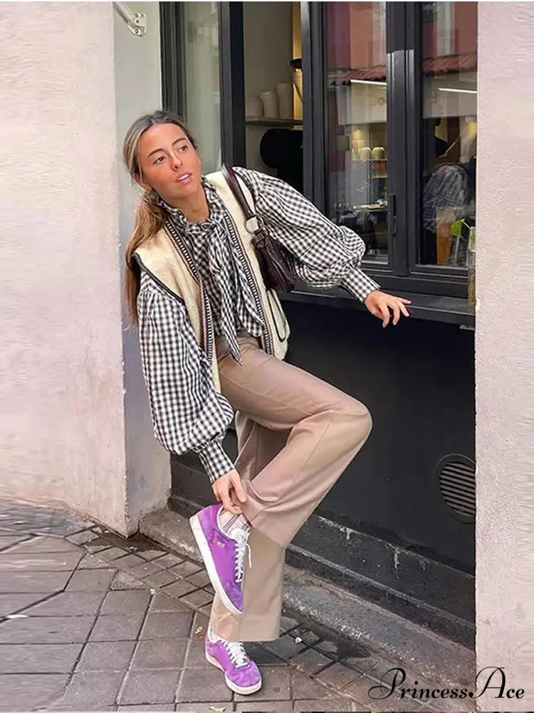 Checkered Long Sleeve Lace Up Single Breasted Top