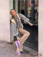 Checkered Long Sleeve Lace Up Single Breasted Top