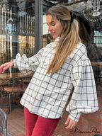 Checkered Long Sleeve Lace Up Single Breasted Top